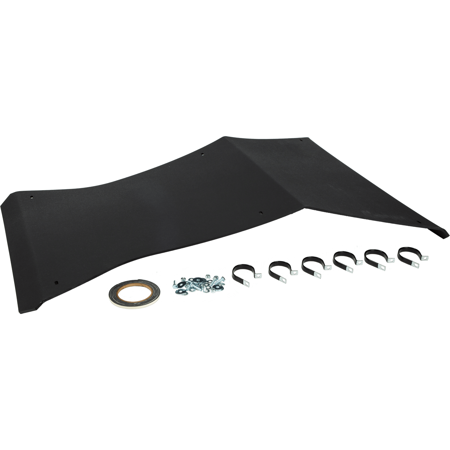 The Polaris Ace UTV Molded Roof by Open Trail is featured in black galvanized steel, angled, with included mounting hardware—screws, brackets, clamps, and adhesive tape—displayed beneath it on a white background.