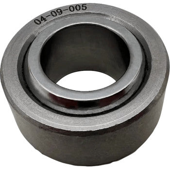 Round metal replacement heim bearing with engraved numbers and smooth inner and outer surfaces.