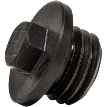 The Yamaha Oil Filler Cap by Hinson Racing is a black, hexagonal aluminum plug with a threaded body and flat flange, designed for ATVs. It provides a factory look and secure fitment, making it the top choice for race teams.