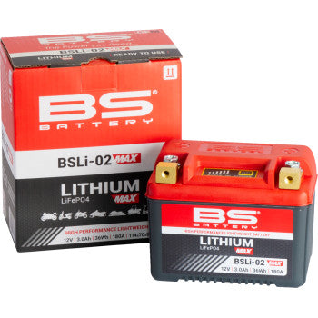 The plug-and-play Lithium Battery BSLi 02 Max by Bs Battery is shown beside its red and white box, both featuring product details and icons representing motorcycles, ATVs, and various other vehicles.