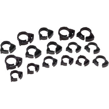 A set of 16 Moose Offroad Clamps Ratchet Nylon in assorted sizes is arranged in rows on a white background.