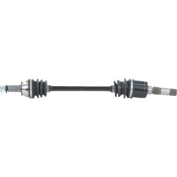Black metal CV axle shaft with rubber protective boots and silver splined ends for offroad vehicle replacement.