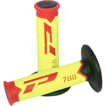 The Cross Triple Density 788 Grips by Pro Grip in red, yellow, and black are stacked together. Designed for 7/8 handlebars, they feature red P logos, the number 788, flared black ends, and triple density for reduced vibration.