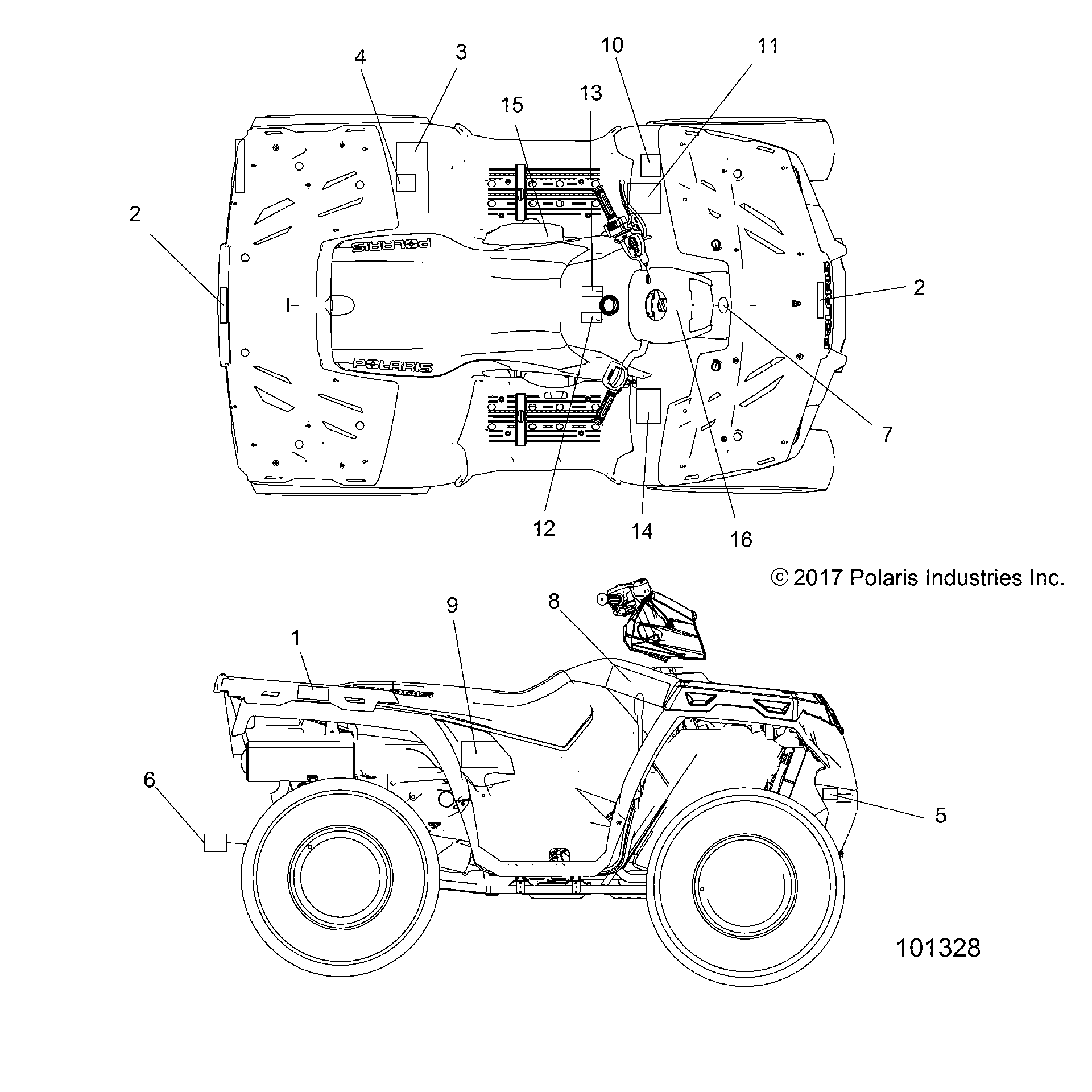 An Image of a Genuine Polaris Parts Schematic Diagram showing the schematic - BODY: DECALS - 2018 POLARIS SPORTSMAN 450 HO