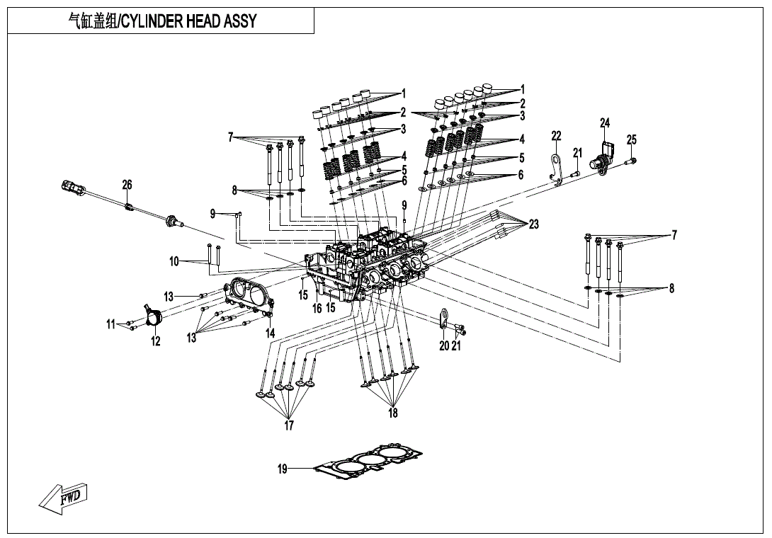 Exploded technical diagram showing numbered OEM parts, bolts, springs, and gaskets for identification. Titled CYLINDER HEAD ASSY—a helpful guide to CFmoto UTV parts, including the Valve Spring Lower Seat by CF Moto from Witchdoctors.com.