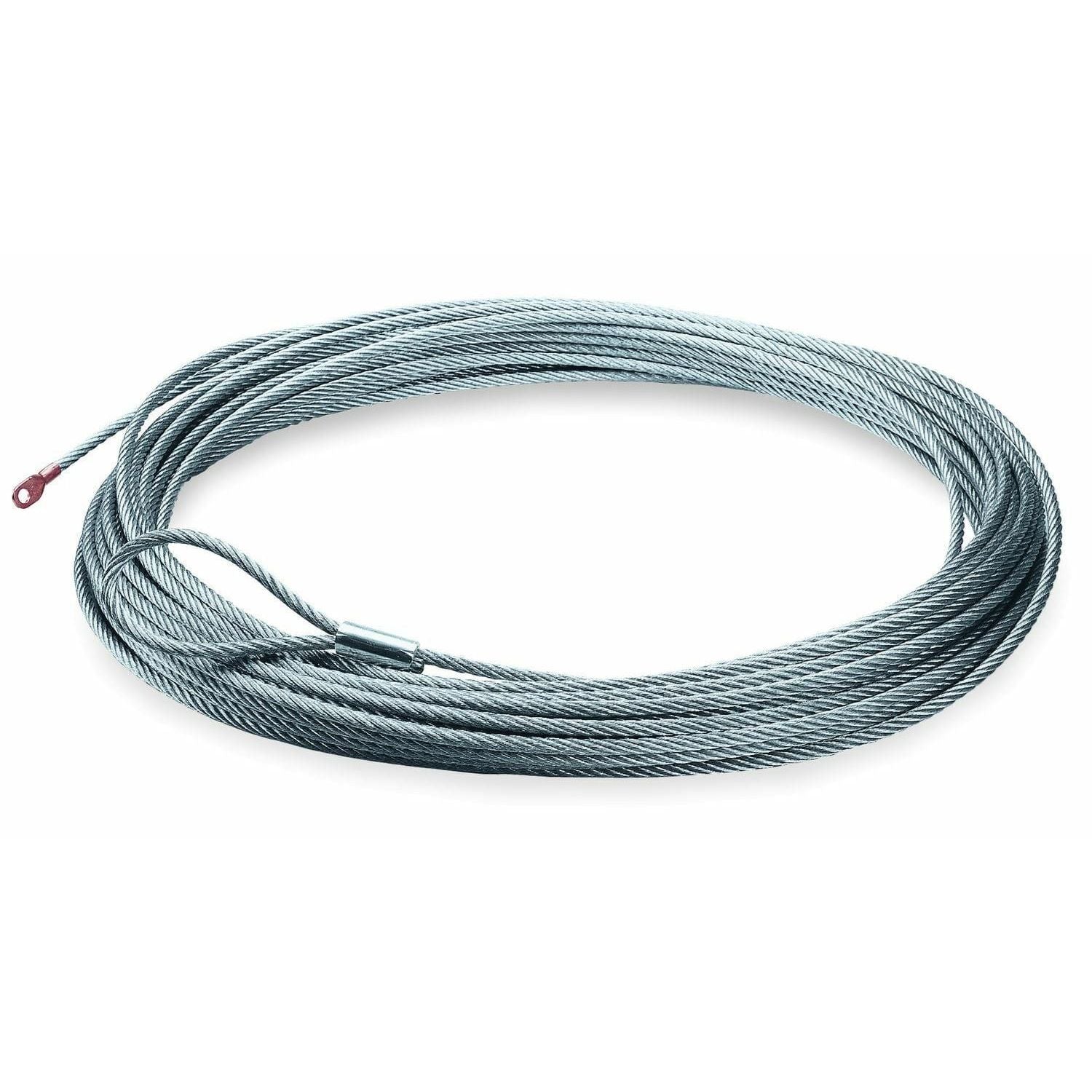 The Winch Replacement Wire Rope 1.5Ci 5/32 x 50 by Warn features coiled steel wire with a looped end, secured by a metal ferrule and finished with a red plastic tip, shown against a white background.