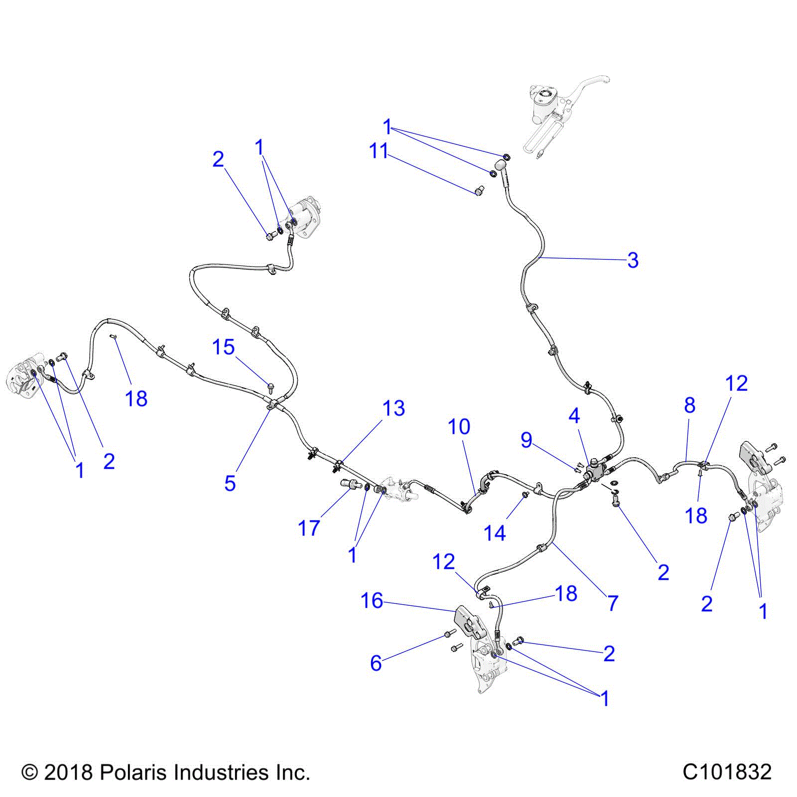 An Image of a Genuine Polaris Parts Schematic Diagram showing the schematic - BRAKES: BRAKE LINES - 2021 POLARIS SPORTSMAN XP 1000 S 55"