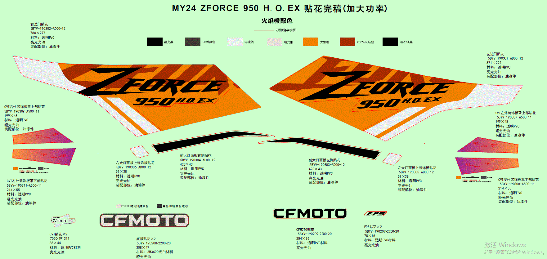 Graphic layout for RH Side Door Decal by CF Moto features orange, yellow, and black designs with text labels, color swatches, CFmoto OEM details, CFMOTO branding, and Witchdoctors.com on a light green background.