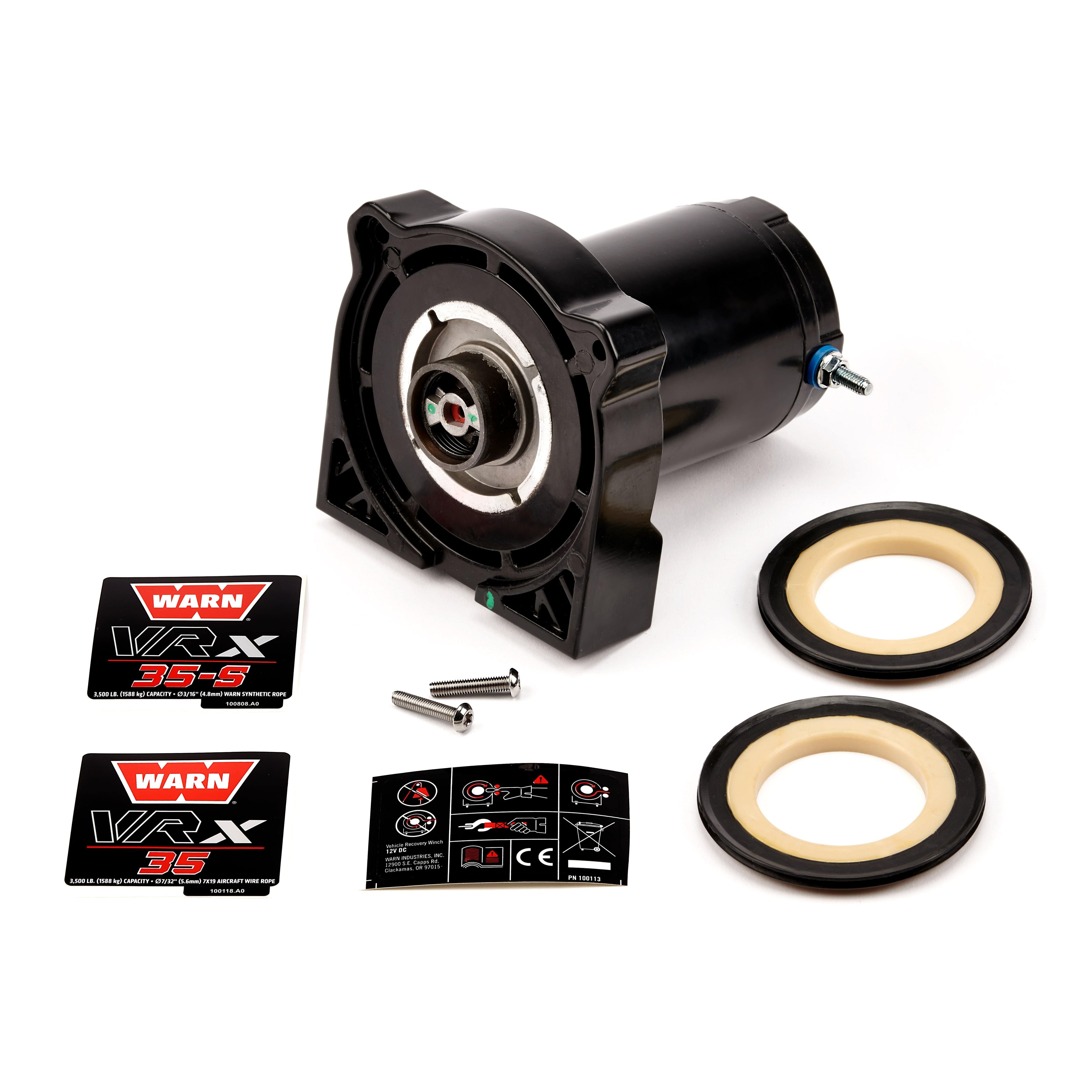 The VRX35 Motor Replacement Motor By Warn includes a black cylindrical motor with mounting bracket, two circular rubber seals, three screws, two WARN VRX 35-S stickers, and an instruction sheet, all shown on a white background.