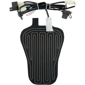 The Seat Heater Medium by Saddlemen is a black seat cover pad with dual heat levels, visible white waterproof heating elements, and a wiring harness with connectors, shown on a white background.