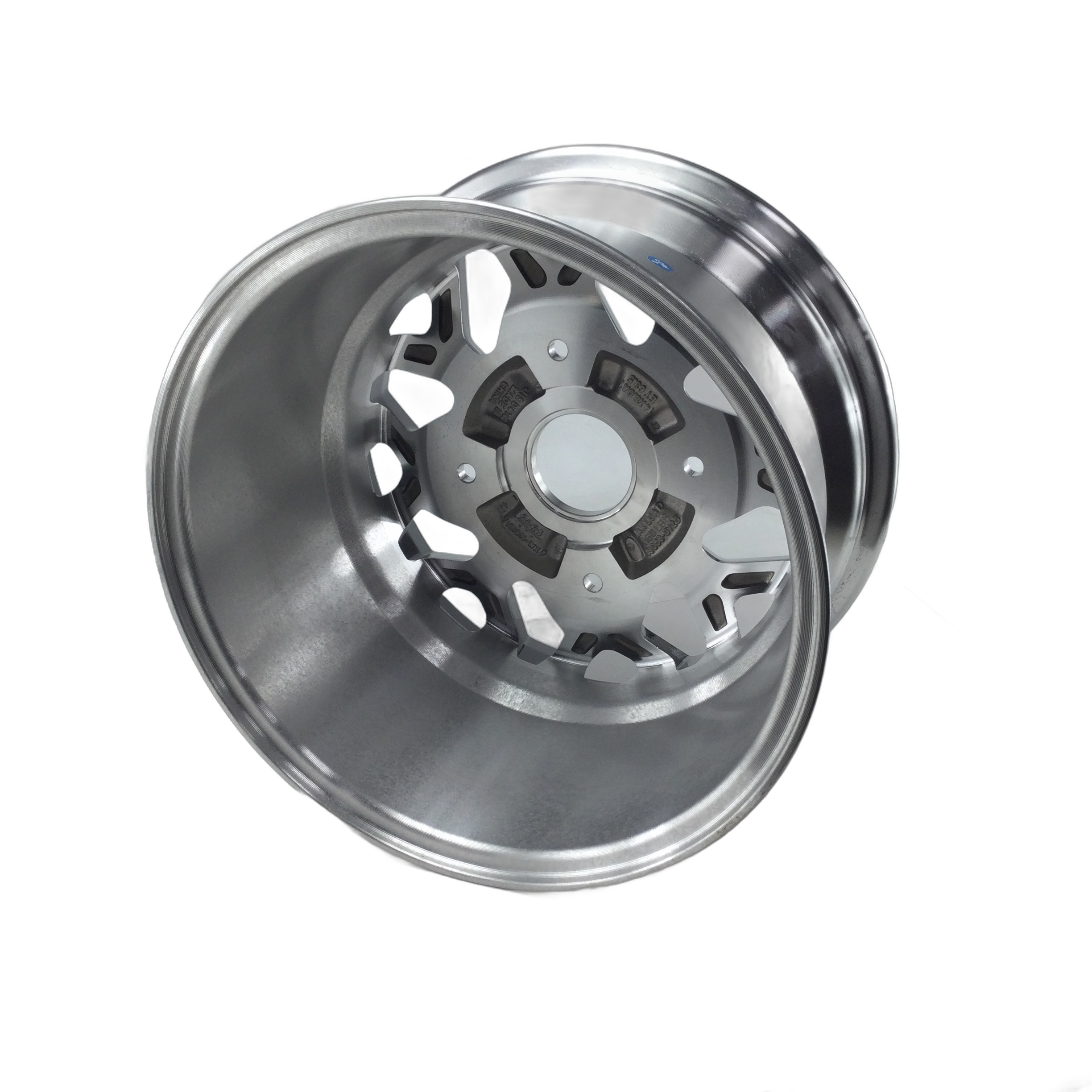 A close-up of the Kawasaki Rim, 14X8.0At, Black with a sleek multi-spoke design, shown at an angle on a white background—ideal for off-road OEM upgrades or enhancing your Kawasaki UTV parts.