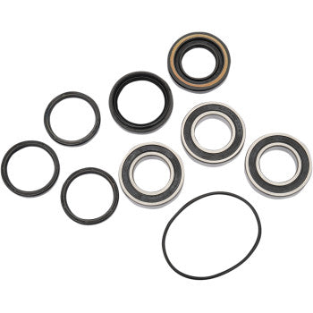 The Honda TRX Wheel Bearing Kit Rear by Pivot Works features assorted rubber seals, metal components, and double-sealed ball bearings in various sizes, all displayed on a white background.