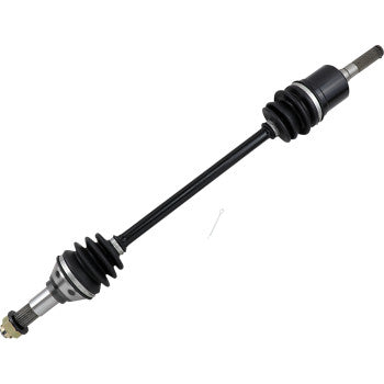 The Can Am Maverick 1000 CV Axle Kit Complete OEM Replacement Standard Front Right by Moose Offroad features a black and silver chromoly steel drive shaft with rubber boots, designed to transmit torque efficiently from engine to wheels.