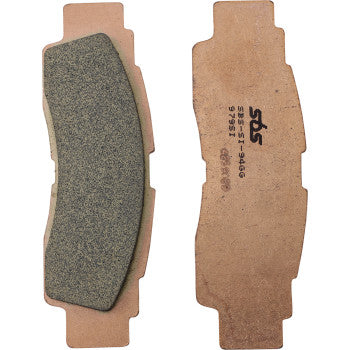 Two Off Road Sintered Brake Pads by Sbs are shown: one displays the high-performance sintered friction material, while the other reveals the metal backing with manufacturer markings.