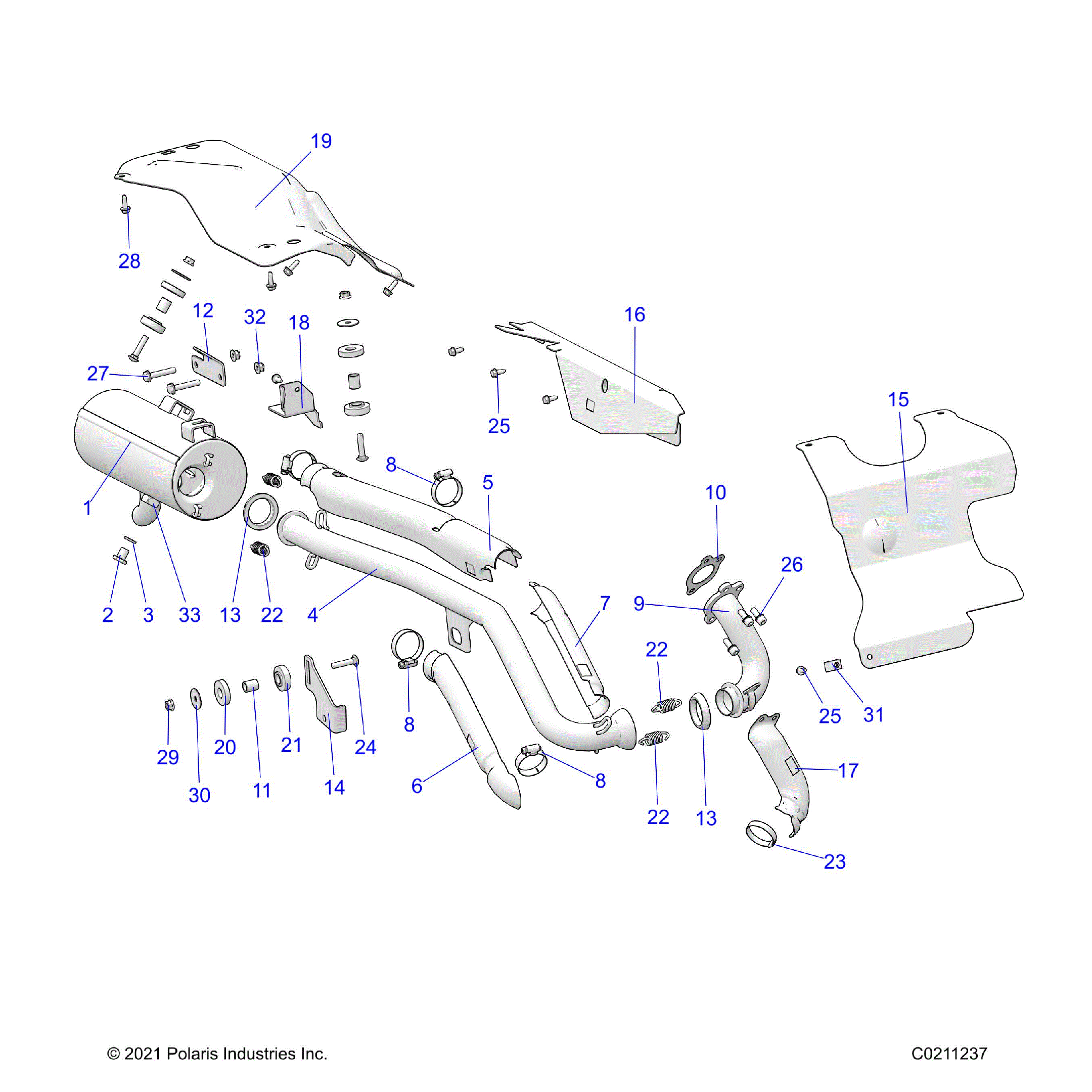 An Image of a Genuine Polaris Parts Schematic Diagram showing the schematic - ENGINE: EXHAUST - 2022 POLARIS SPORTSMAN 450 HO UTILITY