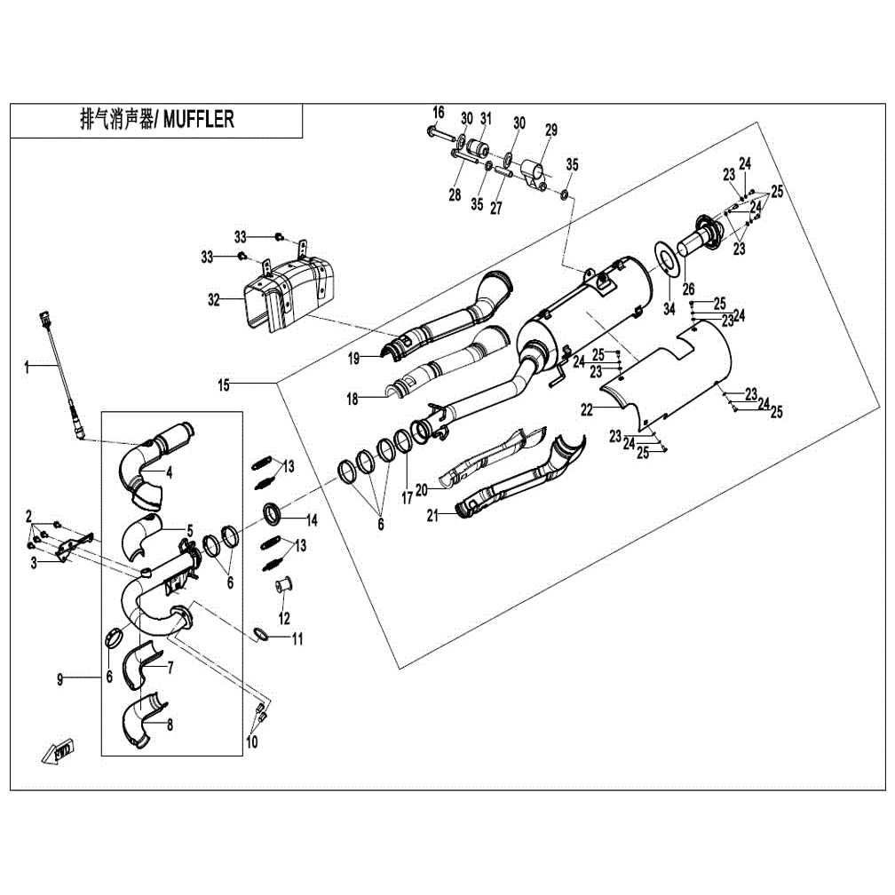 An Image of a genuine CFMOTO Parts Schematic Diagram showing the group - MUFFLER - 2021 CFMOTO CFORCE 400