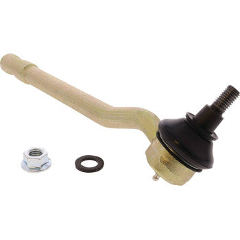 The Tie Rod End Kit by Moose Offroad features a heavy-duty design with a threaded stud, black rubber boot, and gold finish. Shown with washer and hex nut on a white background, it's ideal as an OEM replacement.