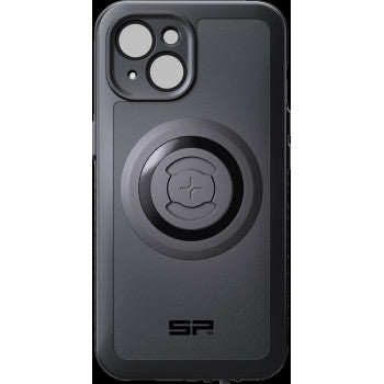 The Xtreme SPC+ Case iPhone 15 by Sp Connect is a black case with a central circular MagSafe-compatible mount, dual camera cutouts on the top left, and the SP logo at the bottom—designed for sleek protection and reliable wireless charging.
