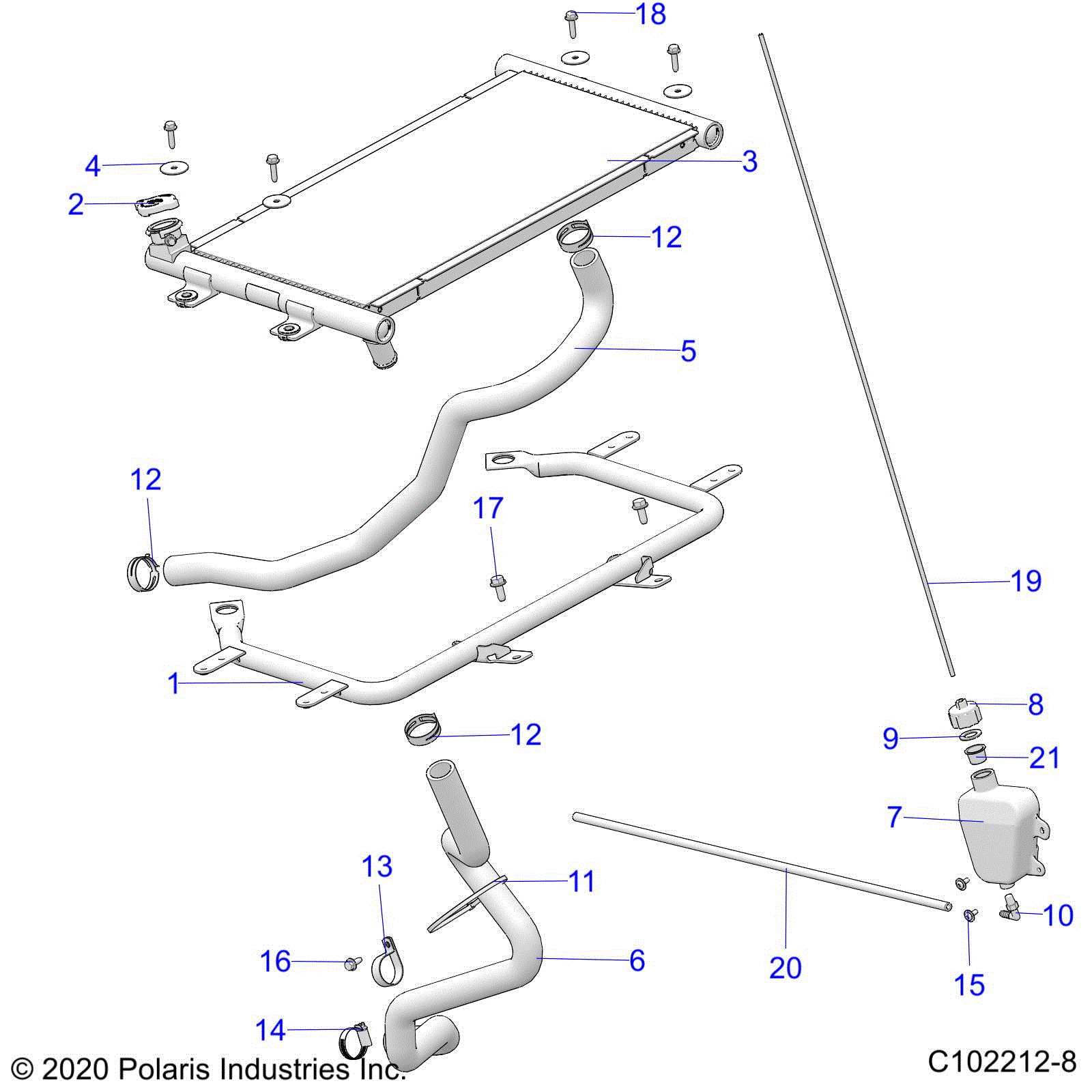 An Image of a Genuine Polaris Parts Schematic Diagram showing the schematic - ENGINE: COOLING SYSTEM RADIATOR - 2020 POLARIS SPORTSMAN 850 HIGH LIFTER
