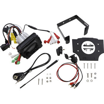 The Honda Radio Kit Dash by Mb Quart includes components such as an IPX67-rated camera, wires, waterproof connectors, brackets, mounting plates, screws, and cables—all displayed on a white background.