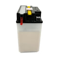 Tall rectangular white battery with black top and yellow handle, red and black terminal connectors visible.
