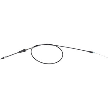 The Polaris Black Vinyl Throttle Cable 44" by Moose Offroad features metal ends, a pre-lubricated nylon inner sleeve, and is shown loosely coiled in the center with straight ends on a white background.