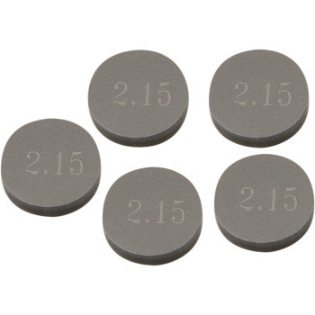 Five Prox Valve Shims, 9.48 mm x 2.15 mm, are precision machined for durability and come in a 5 pack, each with "2.15" engraved, displayed loosely clustered on a white background.