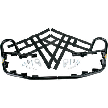 The Yamaha Raptor Nerf Bars Black by Motorsport Products includes EZ-fit clamp brackets, mounting hardware, metal bolts, washers, and black webbing straps—all displayed on a white background.