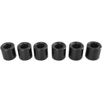 Six small, black cylindrical spacers from the Epi Clutch Roller Kit are arranged in a horizontal line against a white background.