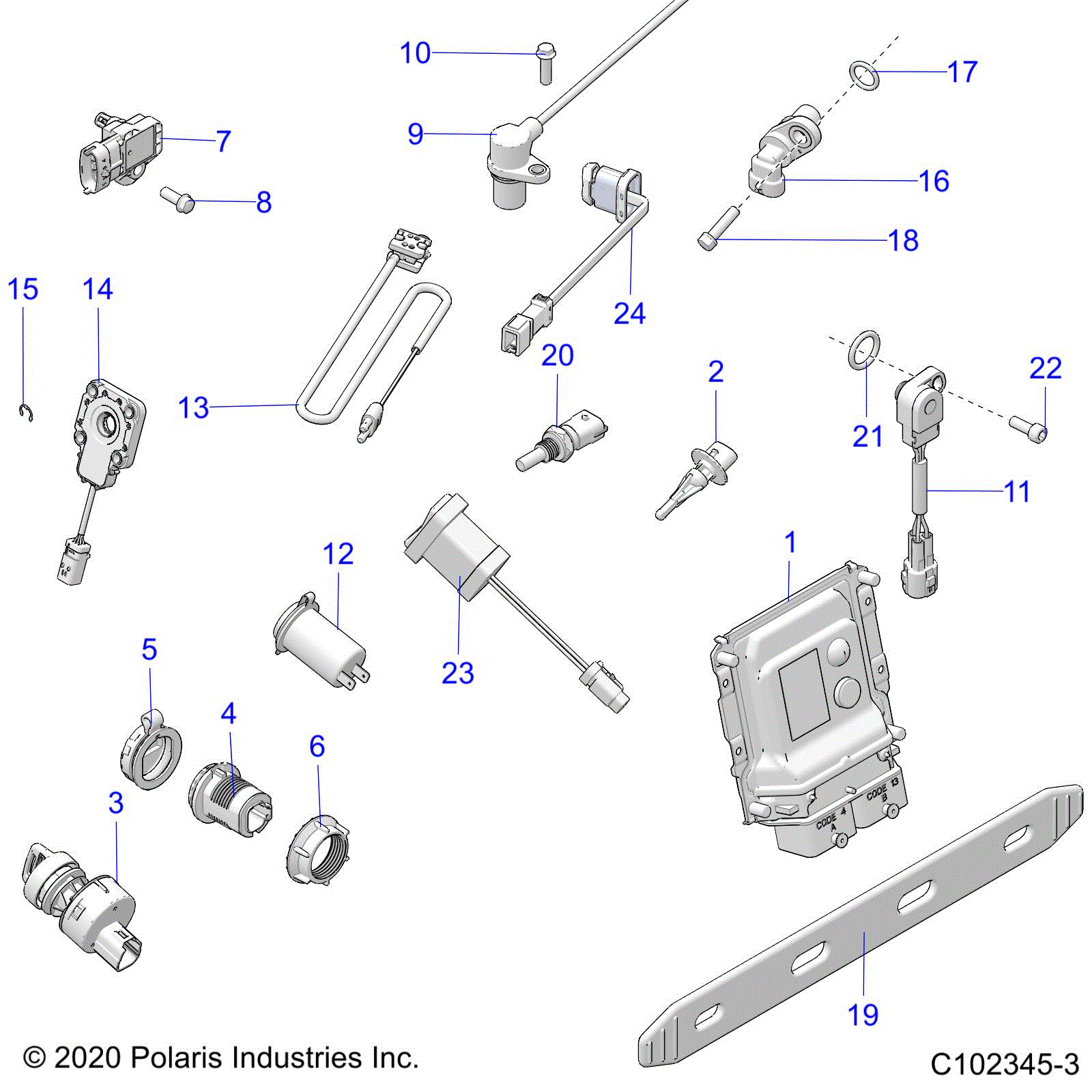 An Image of a Genuine Polaris Parts Schematic Diagram showing the schematic - ELECTRICAL: SWITCHES SENSORS ECU and CONTROL MODULES - 2021 POLARIS SPORTSMAN XP 1000 EPS LE 48"