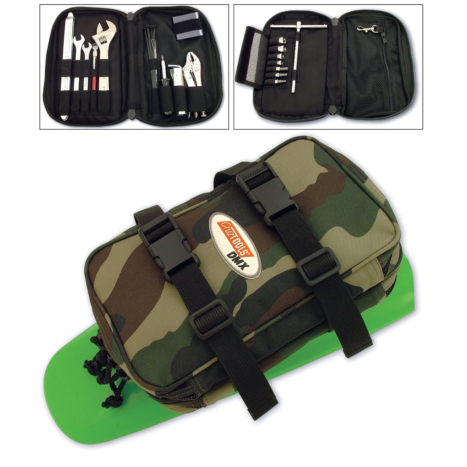The Dmx2 Fender-Mount Tool Kit Off-Road by Cruz Tools is shown in a camouflage pattern with black straps; insets reveal organized compartments with wrenches, pliers, screwdrivers, and hex keys—perfect for off-road motorcycles.