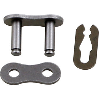 Close-up of the 420 Drive Chain Master Link by Parts Unlimited—made in Taiwan—with two hole plates, two metal pins, and a clip for connecting chain ends.