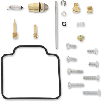 The Arctic Cat Carburetor Repair Kit by Moose Offroad includes screws, jets, needle valves, springs, fuel-resistant NBR O-rings, and a rubber gasket—all neatly arranged on a white background.