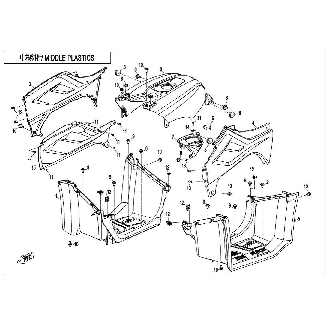 An Image of a genuine CFMOTO Parts Schematic Diagram showing the group - MIDDLE PLASTICS - 2020 CFMOTO CFORCE 400