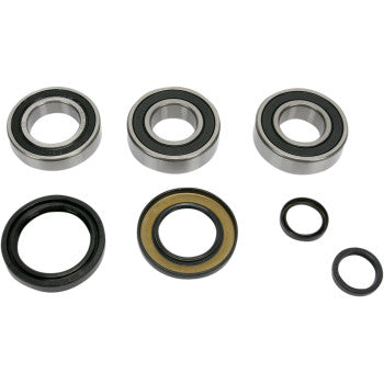 The Honda TRX Wheel Bearing Kit Rear by Pivot Works features six circular parts—three double-sealed ball bearings and three black rubber or metal seals—displayed in two rows on a white background. Ideal for steering control and durable wheel bearing needs.