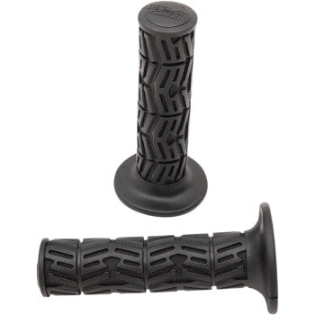 The Dual Sport 737 Rally Grips Black by Pro Grip feature two black rubber grips with textured, angled-line design and flared ends. Designed for 7/8 OD handlebars, they offer great vibration dampening for added comfort.