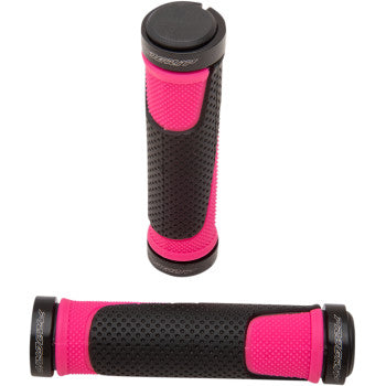 A pair of Pro Grip Grips Locking 997 in fuscia and black, featuring a diamond-patterned conical ergonomic design with end caps for superior grip, shown upright for display.