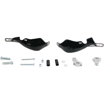 Two Pro Guard Reinforced Handguards Black by Emgo, with a universal mount kit (bolts, spacers, washers, aluminum brackets, connectors) for 7/8 handlebars, are displayed on a white background.