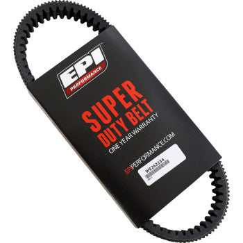 A black Drive Belt by Epi made with aramid cord, featuring a double-cog design and packaged in a black and red label showing the logo, name, one-year warranty, and product code—perfect for ATV/UTV use.
