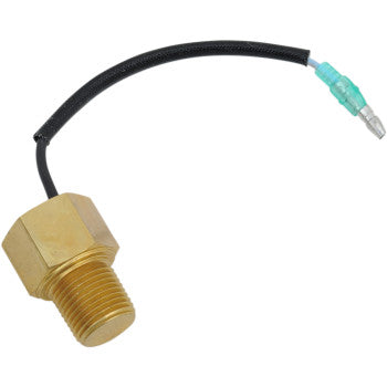 The Thermostat Hot Temperature Switch by Quad Logic features a brass threaded sensor, black wire with a blue connector, ideal as an OEM hot temperature light sensor, shown isolated on a white background.
