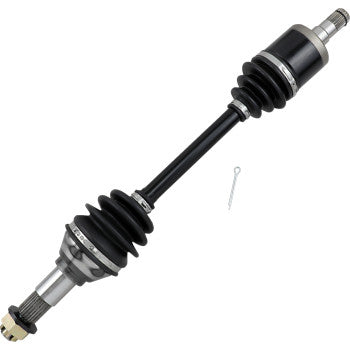 Black metal CV axle shaft with rubber accordion boots and silver metal connectors designed for front left ATV replacement.