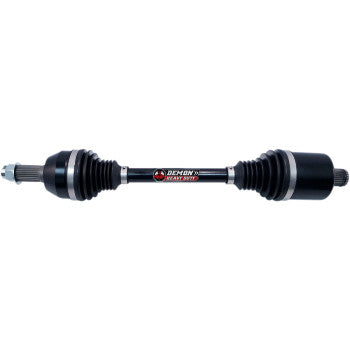 Black heavy duty Polaris Sportsman axle with ribbed rubber boots and metal ends labeled Demon Racing.