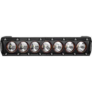 The Light Bar 10" Amber Backlight by Rigid Industries is a black LED UTV light bar with eight round clear lens lights, amber backlighting trim rings, and a durable rectangular aluminum alloy heatsink housing.