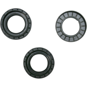 Three black circular seals from the Yamaha Differential Seal Kit Rear by Moose Offroad are shown on a white background, each with ridged outer edges and smooth centers, arranged in a triangular pattern.