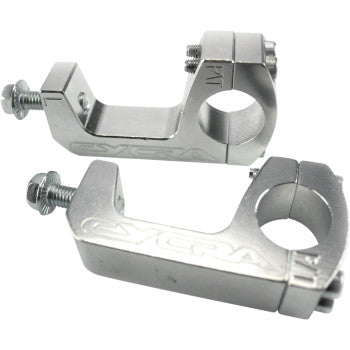 The Probend™ Handlebar Mount Pro Taper by Moose Offroad includes two silver CNC-machined billet aluminum mounts with bolts and engraved SYC logo for attaching handguards or accessories to handlebars.