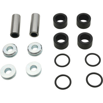 The Suspension Kit Rear Independent by Moose Offroad features metal cylindrical bushings, black circular spacers, silver washers, and black rubber O-rings—essential rear knuckle parts—arranged neatly on a white background.