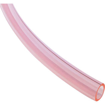 A close-up of the Helix Fuel Line Transparent Red 3/8 x 3, a flexible red plastic tube with a hollow center, known for excellent chemical resistance, displayed on a white background.