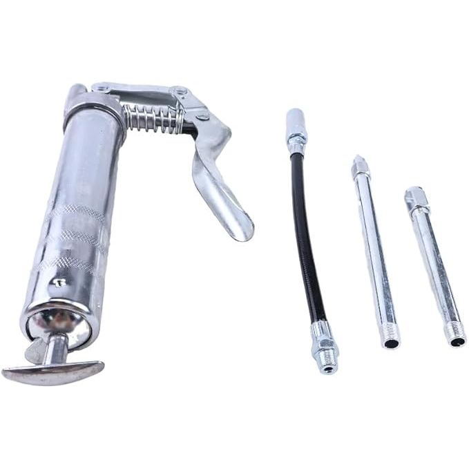 Silver metal grease gun with lever handle, flexible hose, and two straight metal extensions.