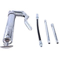 Silver metal grease gun with lever handle, flexible hose, and two straight metal extensions.