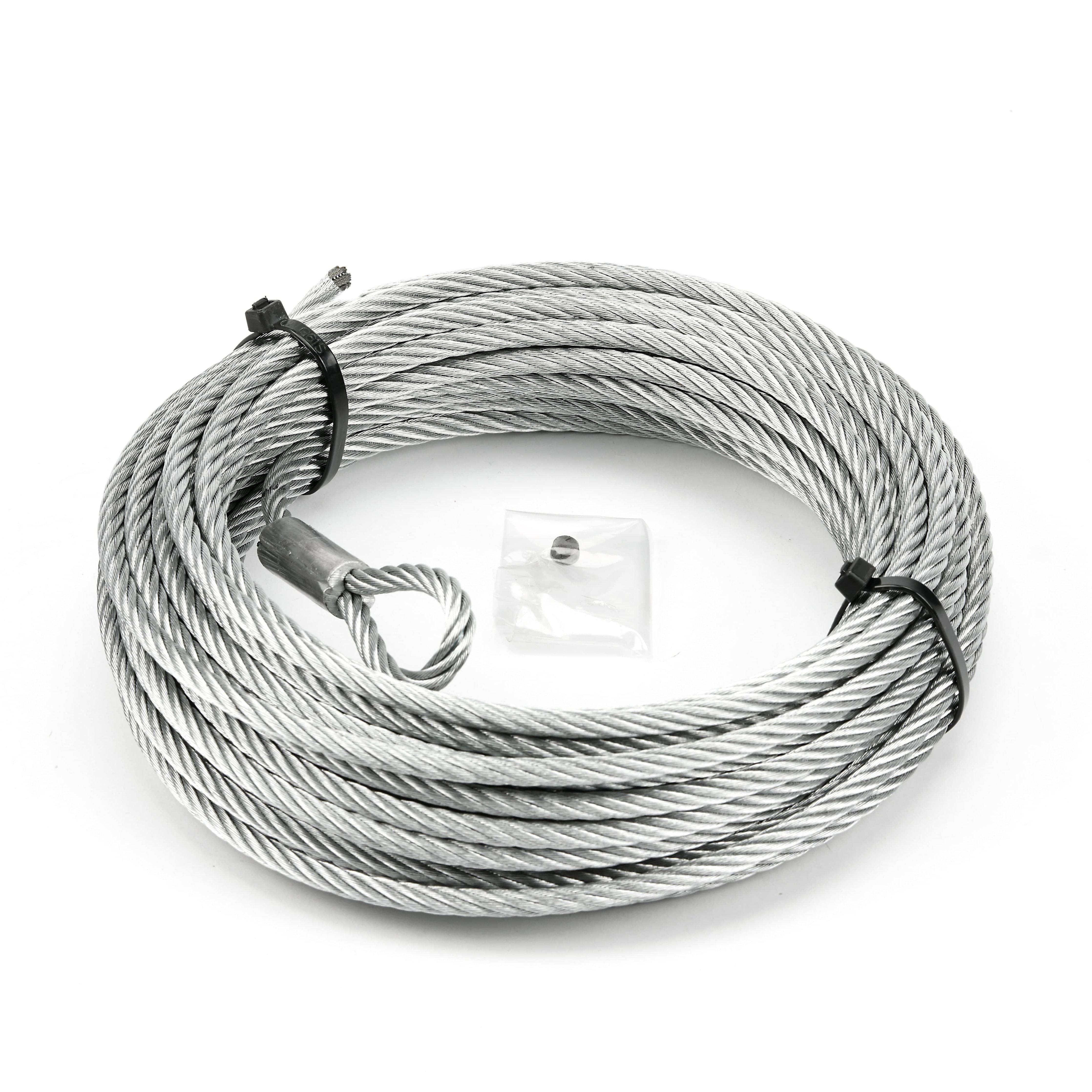 The Winch Replacement Wire Rope 1/4 x 50 for VRX45/Axon45/55 by Warn comes coiled with a looped end, a metal component in a small plastic bag at the coils center, and is secured by two black ties.